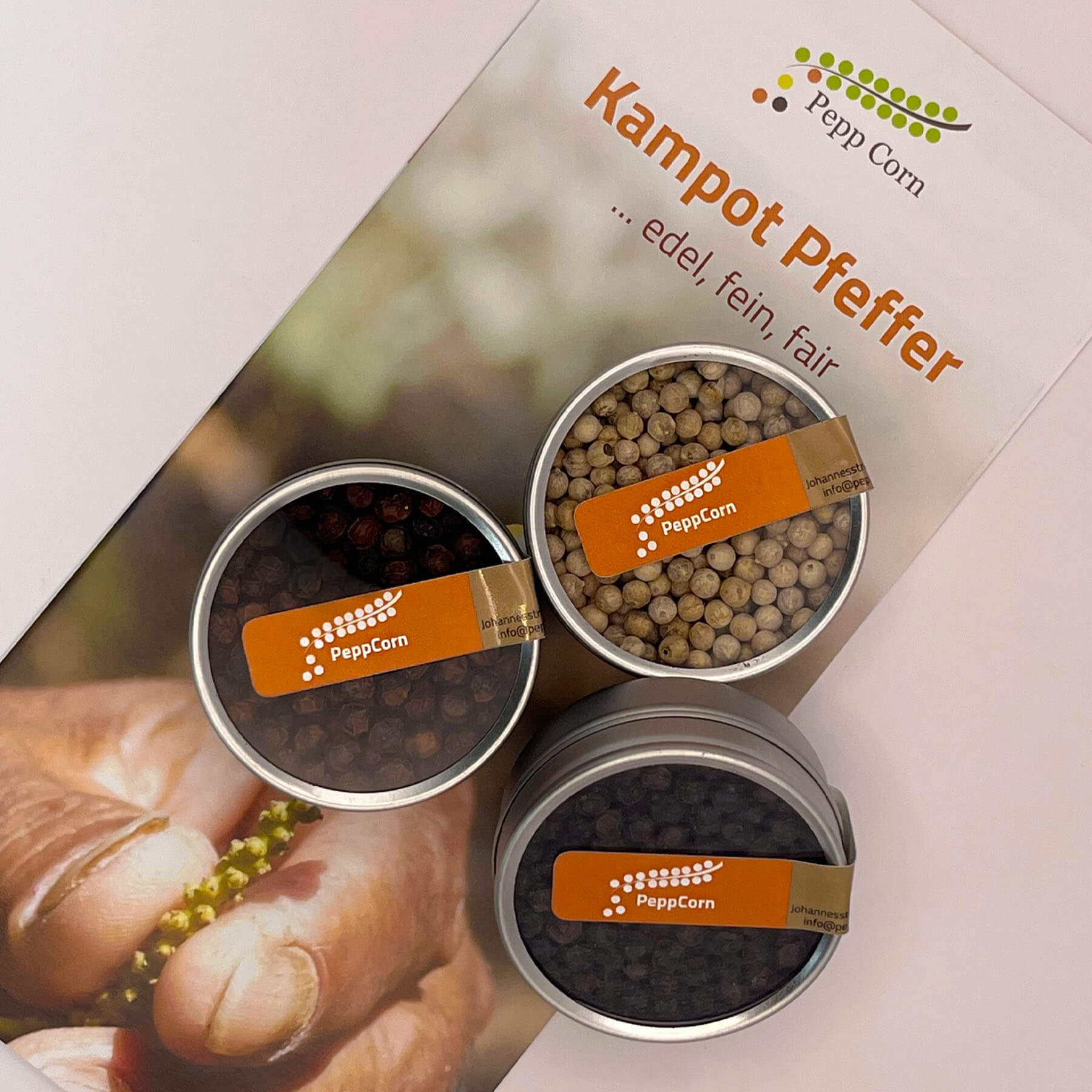 Probierset Kampot Pfeffer Schwarz, Rot, Weiß